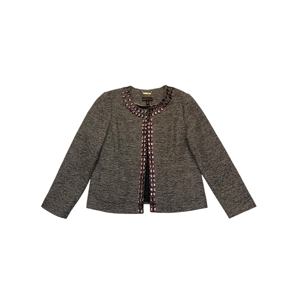 Dana Buchman Tweed Jewel Embellished Brown Black White Metallic Blazer Jacket 16
